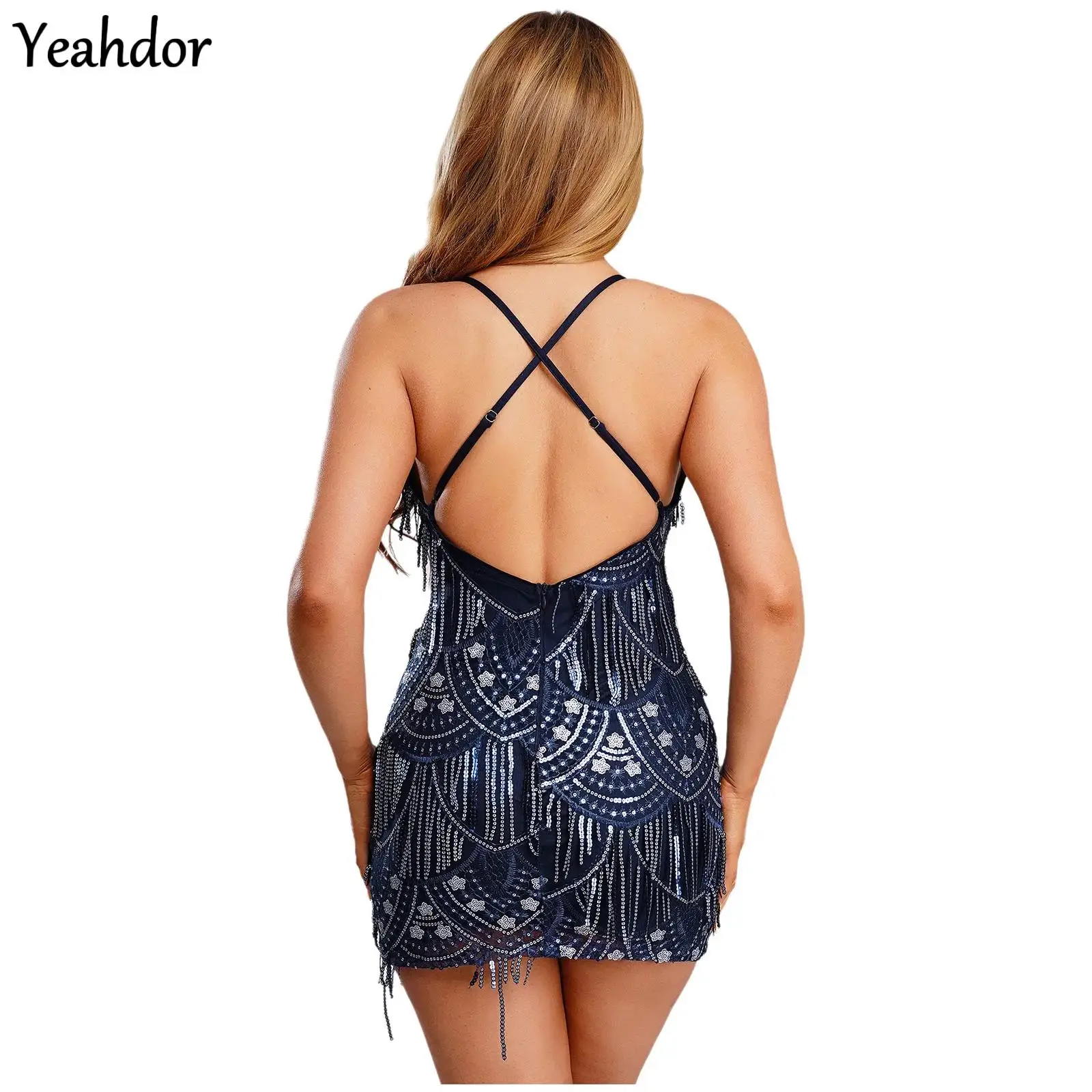 

Women Fringed Latin Dance Dress Sequine Embroidery Mini Dress Shiny Tassel Backless Bodycon Dress Tango Cha-Cha Salsa Costume