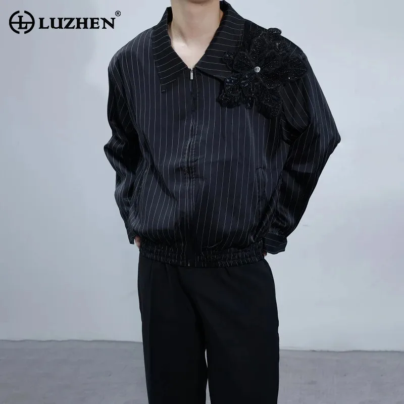 

LUZHEN Floral Three-dimensional Patchwork Design Stripe Shirts Coat Men's 2025 Autumn Original Elegant Long Sleeve Tops JY4609