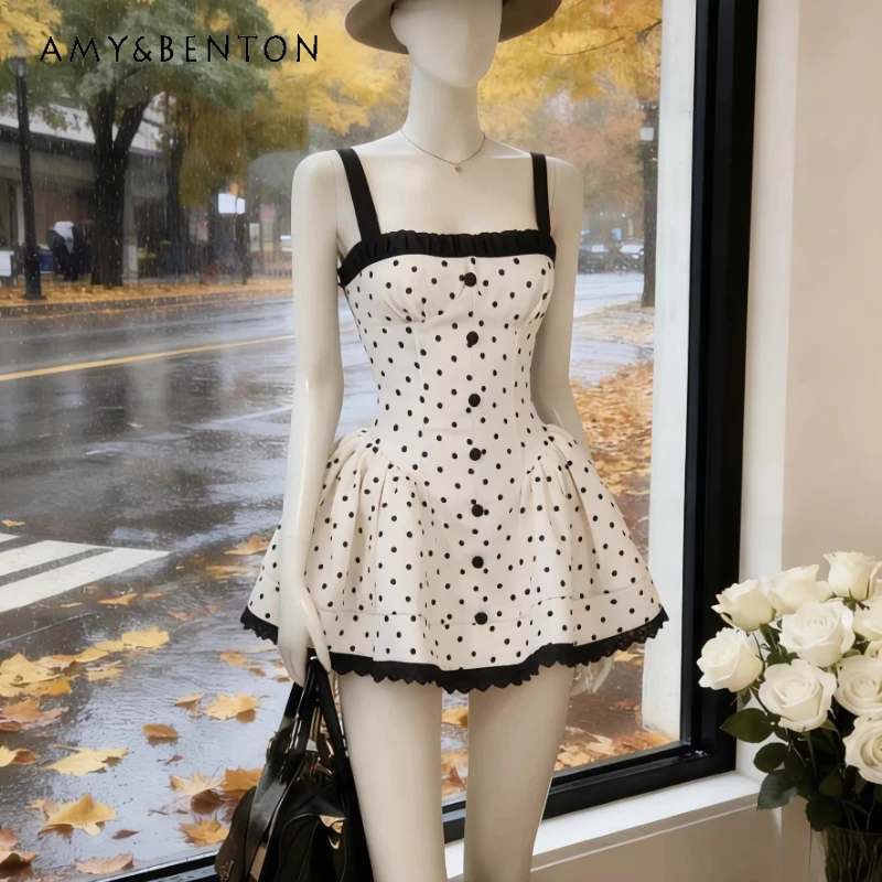 

French Design Sweet Polka-dot Lace Splicing Women's Sling Dress 2026 Summer Slimming Fluffy Elegant Retro Short Dresses Ladies