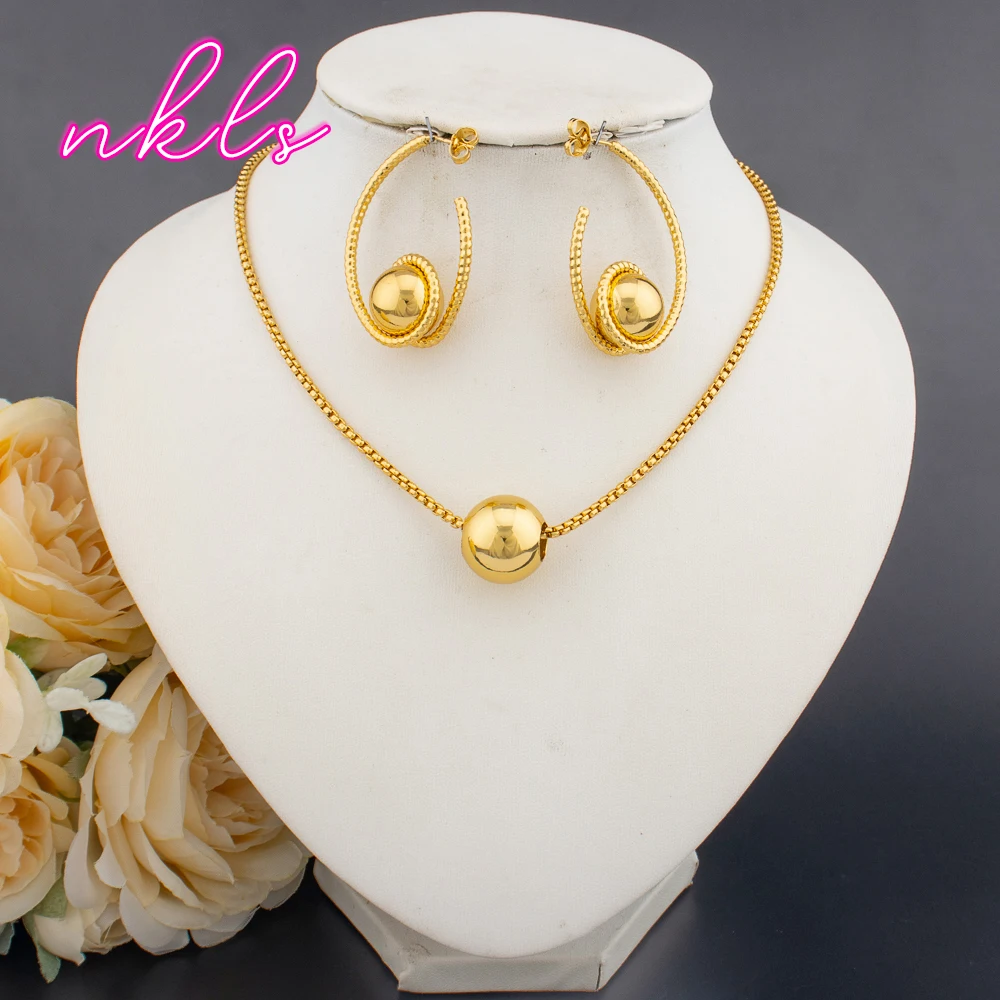 Jewelry For Women Gold Color Necklace Fashion Pendant Trendy Round Bead Clip Earrings Banquet Jewelry Set Daily Wear Accessories