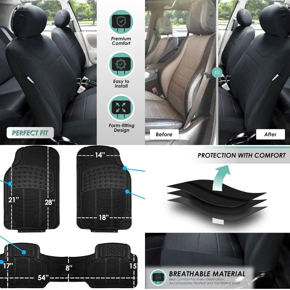 

Car Seat Covers Universal Fit Full Set Interior Accessories, Sports Black Seat Covers with Airbag and Split Rear Automotive Comb