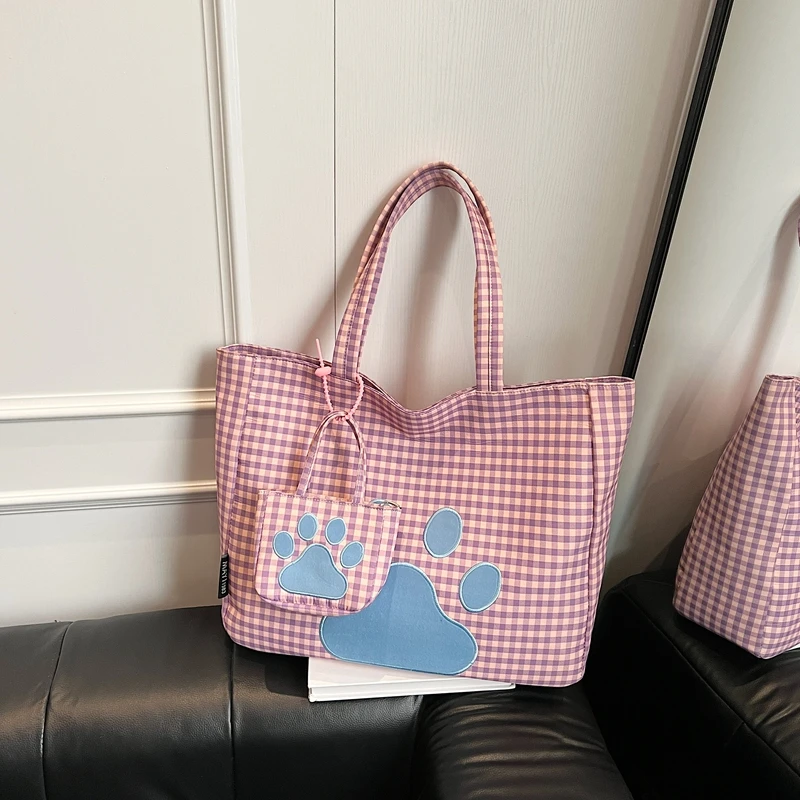 

Корейские милые кошачьи лапы с вышивкой в мелкую клетку, женские сумки из мягкого нейлона в клетку, сумки для покупок, студенческая клетчатая сумка-тоут