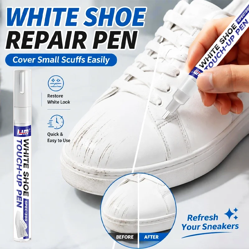 KJM White Shoe Repair Touch Up Pen 20G Cover Scuffs Yellow Stains Restorer Pen For Sneakers Leather High Heels White Footwear