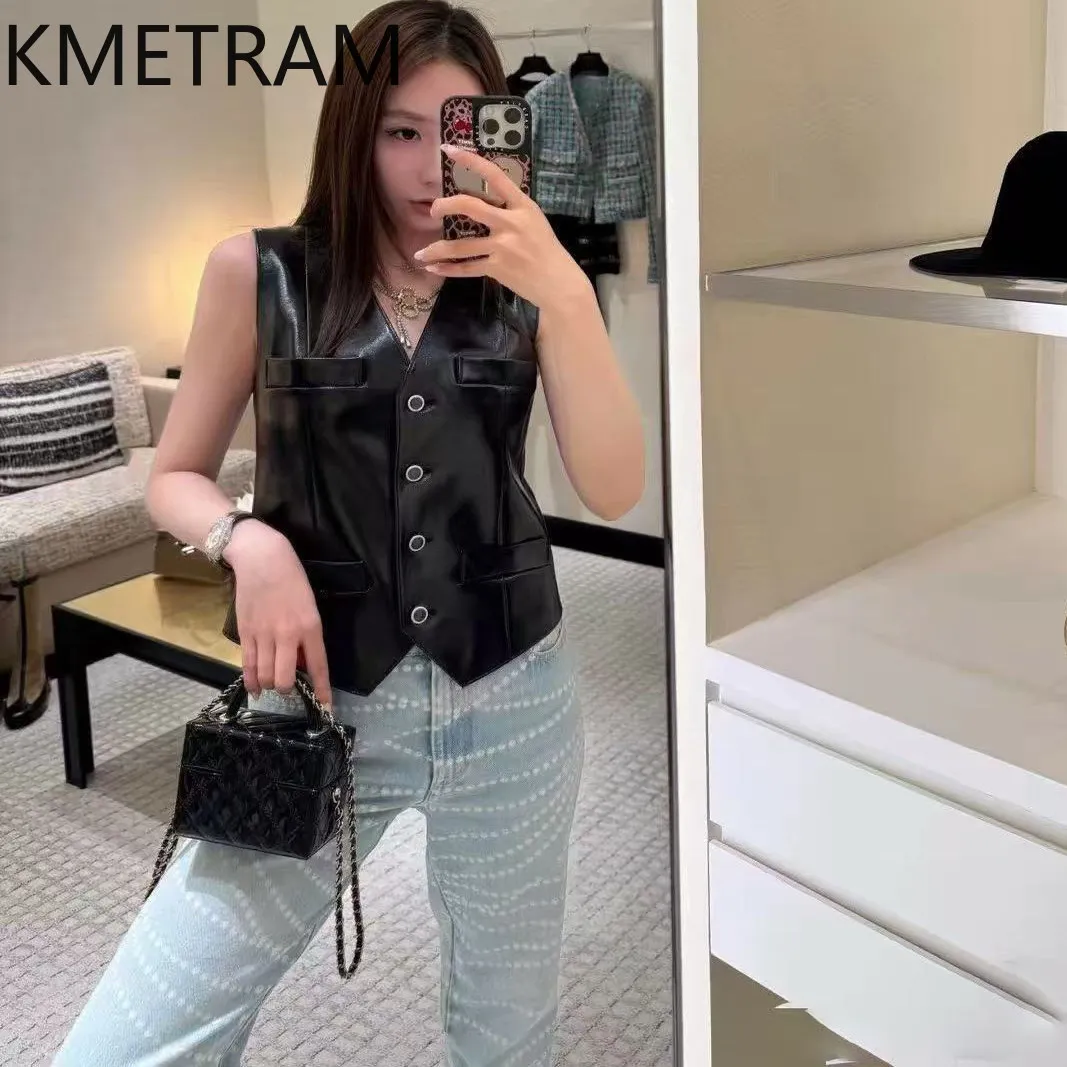 KMETRAM Real Sheepskin Vest Women Fashion Short Slim Tank Tops Sleeveless Autumn Genuine Leather Jacket Woman Clothing 2026 가죽자켓