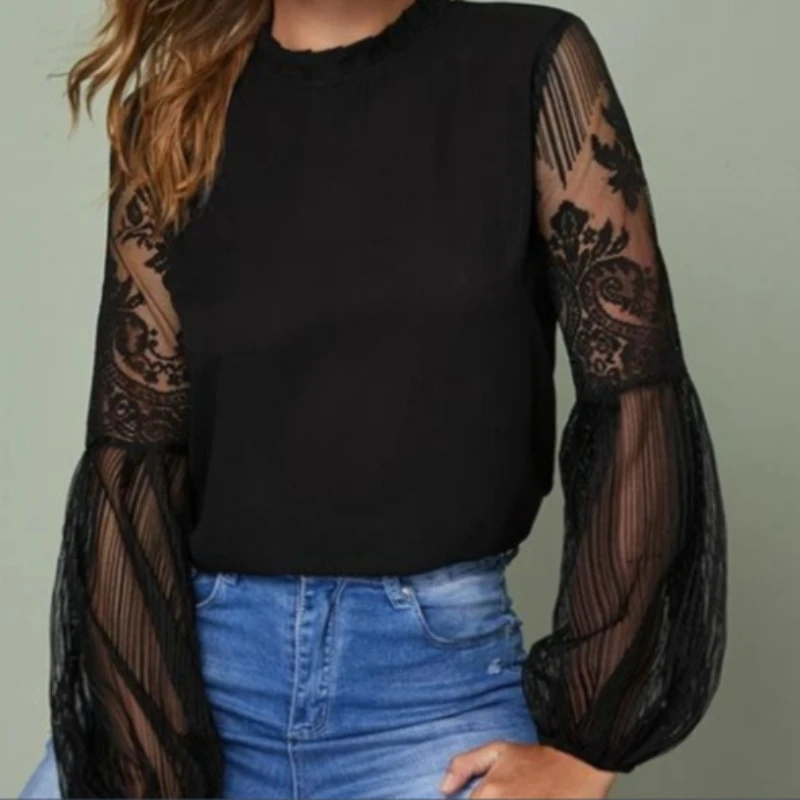 

2020 New Pleated Tulle Lace Lantern Sleeve Temperament Women's Top