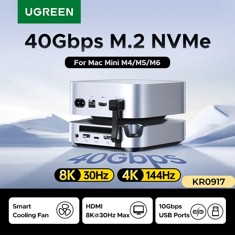 UGREEN 40Gbps Mac Mini Docking Station M6/M5 Pro/M4 Pro/M4 M.2 NVMe SSD Case 8K30Hz HDMI 10Gbps Data Ports SD&TF Built-in Fan