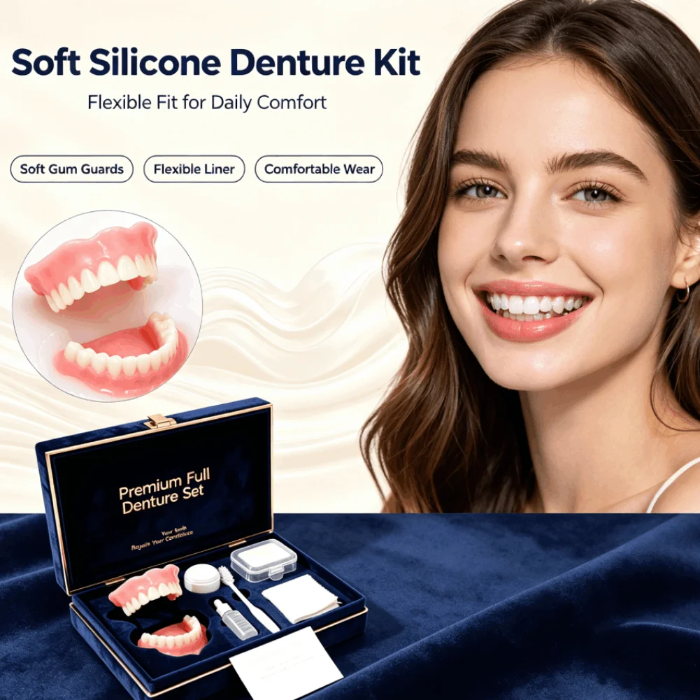 Natural Cosmetic Denture Kit Instant Smile Makeover Realistic Upper Lower Teeth Set Silicone Custom Fit Clean Tools Temporary