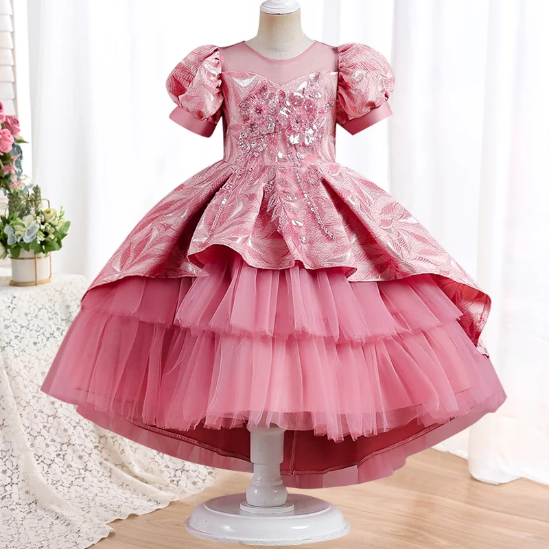 New Elegant Celebrity Party Dress Flower Girl Wedding Dress 4-12 Year Old Mesh Tug Evening Dress Christmas Performance Princess