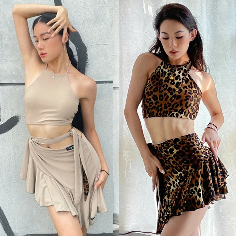 

Latin Dance Clothes Women Nude Color/Leopard Tops Skirt Adult Practice Clothing Cha Cha Rumba Samba Dance Training Wear DNV18708