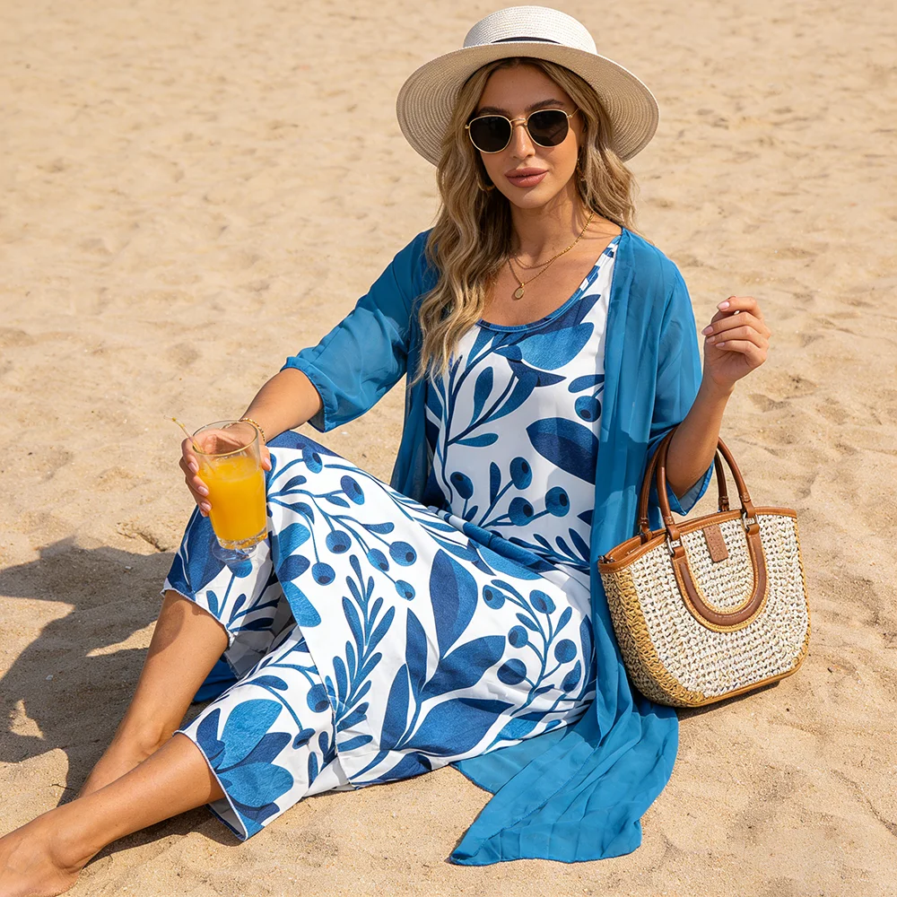 Vestido midi con estampado de hojas azules estilo bohemio y kimono de gasa turquesa – Conjunto para vacaciones de verano en la playa