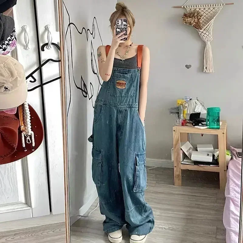 Women\'s Autumn/Winter Large Loose and Slim Retro One Piece Pants Cool Girl Style Embroidered Spicy Ink Denim Strap Jumpsuits