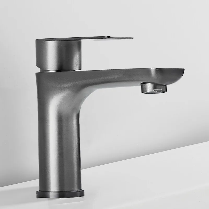 

304 stainless steel water plating gun gray flat basin faucet basin faucet bathroom cabinet hot and cold single hole faucet