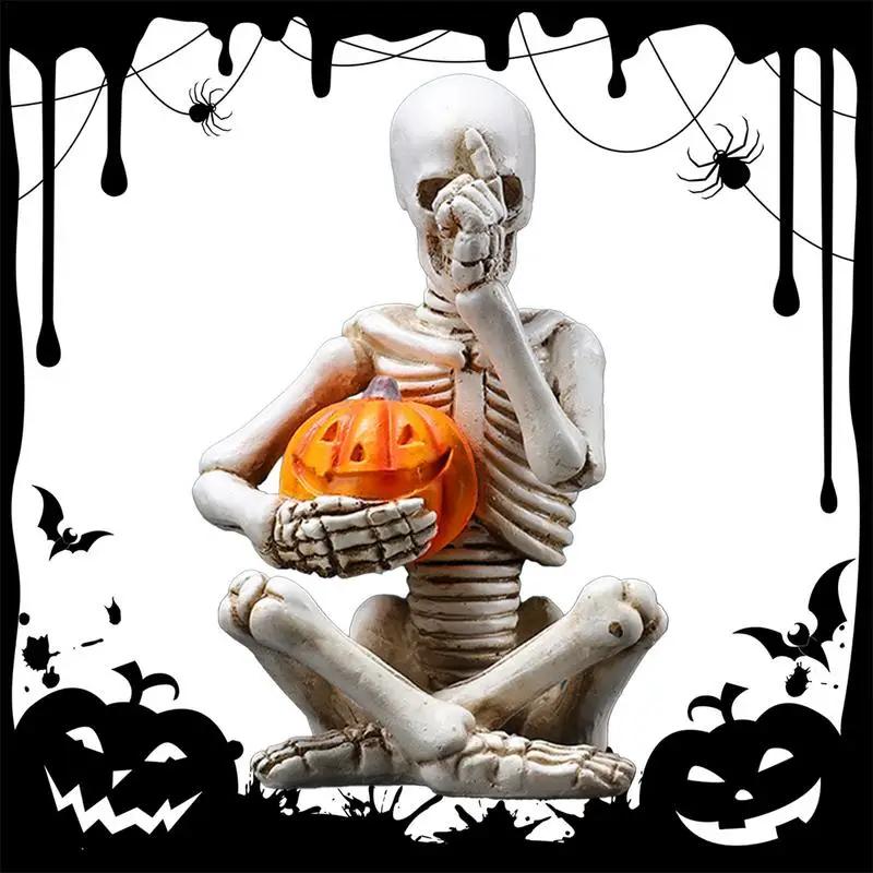 Skeleton Pumpkin Figurines Halloween Meditating Pumpkin Skull Figurines Spooky Skeleton Figurines No Hear No See No Speak Skull