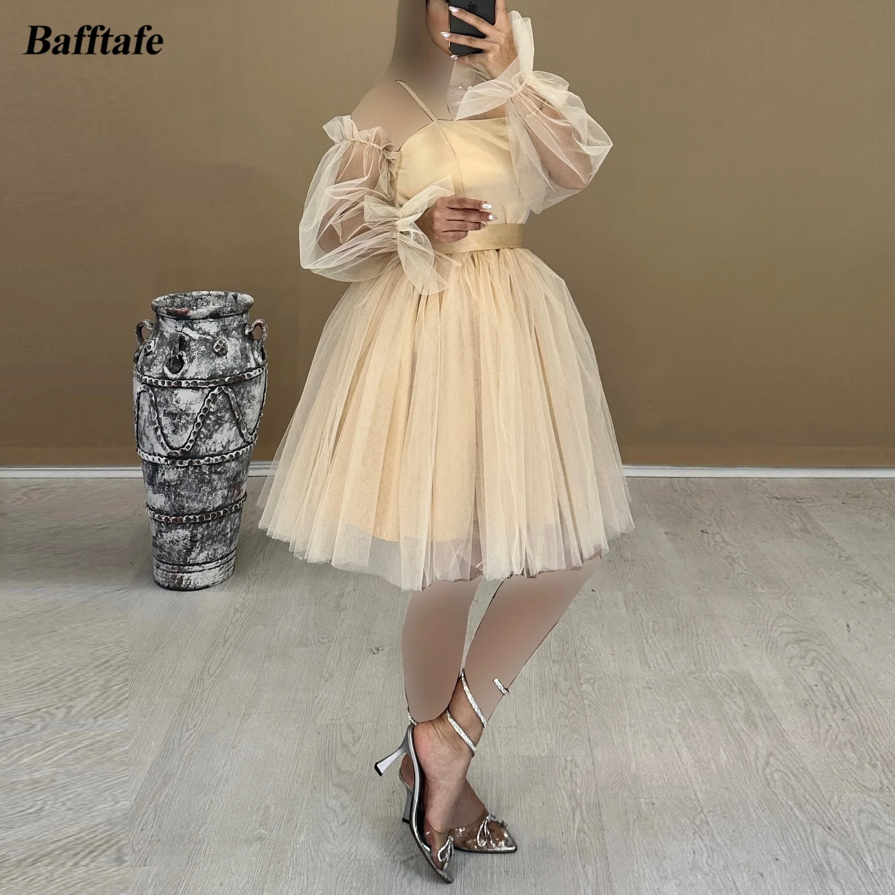 

Bafftafe A Line Tulle Short Prom Dresses Puff Long Sleeves Corset Customized Special Party Gowns Women Formal Homecoming Dress