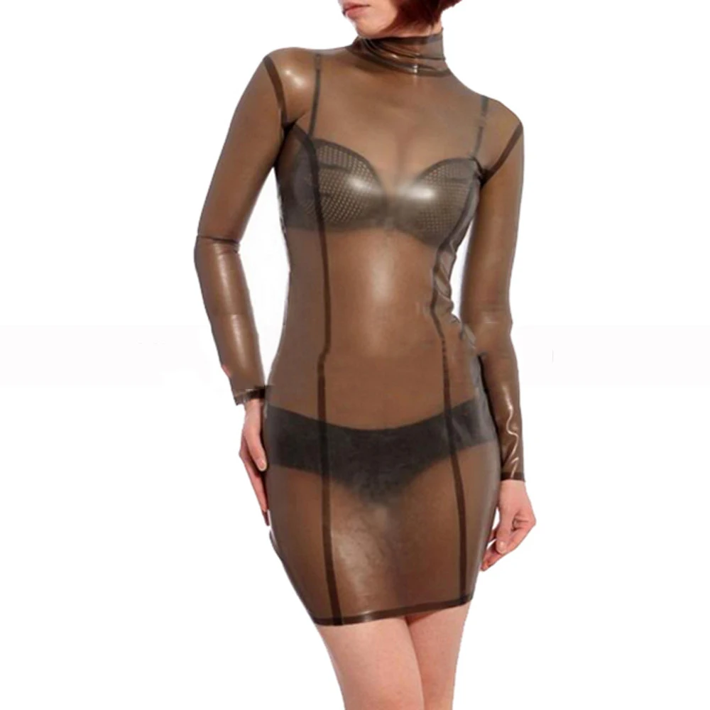 

Sexy transparent black women's long sleeve latex dress with back zipper to waist decorations