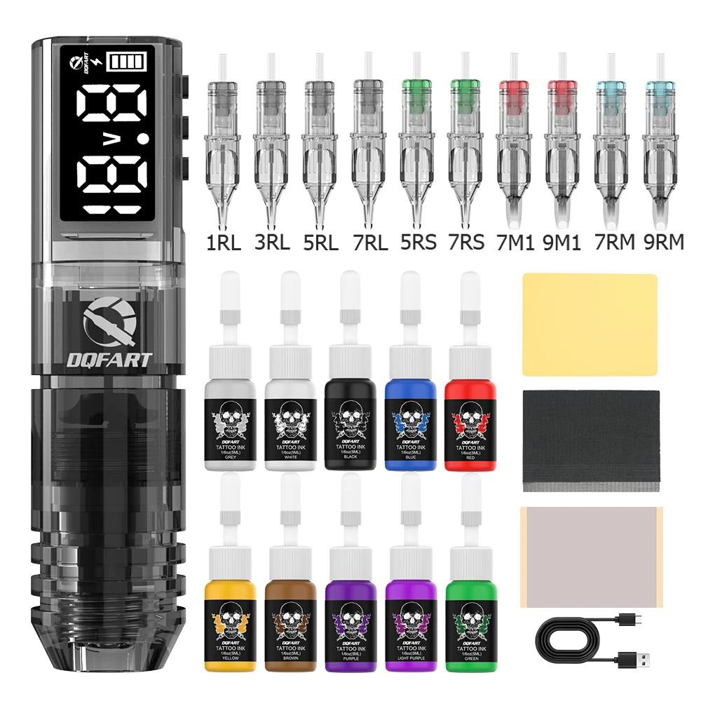 DQFART مجموعة الوشم اللاسلكية قلم الوشم 1600mAh آلة الوشم إبرة الوشم الحبر لفناني الوشم تبدأ لوازم الوشم