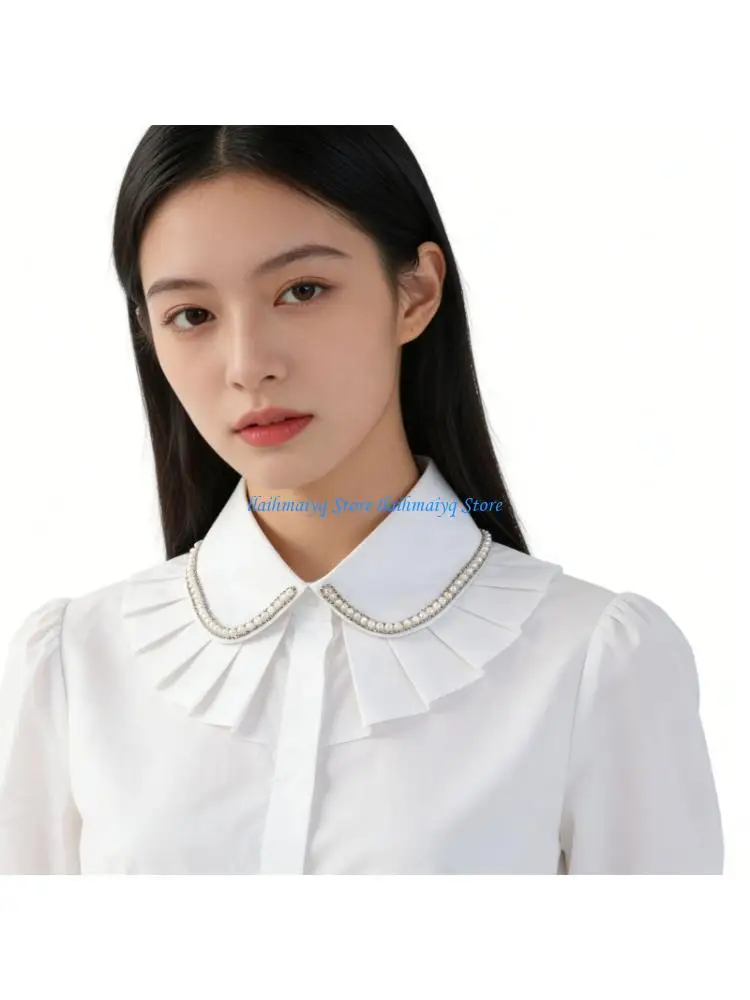 573B Elegant False Collar Jeweled Pearls Detachable Falase Collar Luxurious Shawl for Women Fashion Stitching