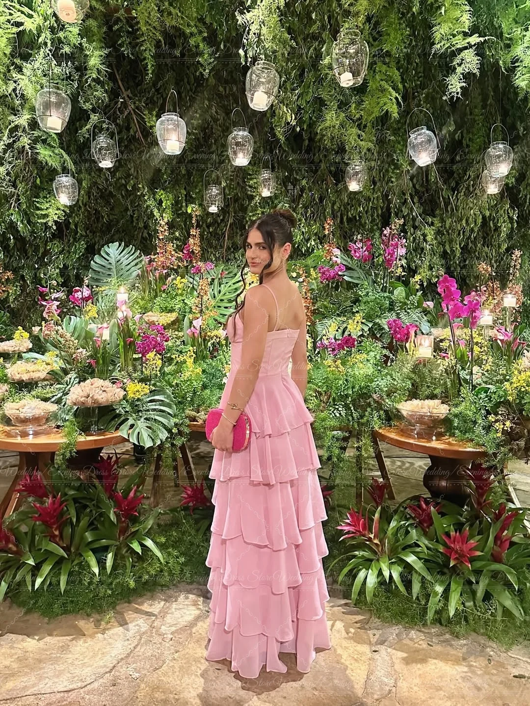 Ranmo 2026 New Elegant Spaghetti Strap Pink Chiffon Evening Party Dresses Ruffle Tiered Pleat Saudi Arabia Prom Gown Customized