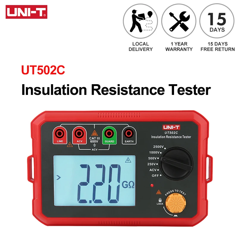 

UNI-T Digital UT502C 2500V Insulation Resistance Tester 20GΩ Ommeter Ground Meter Backlight Auto Range