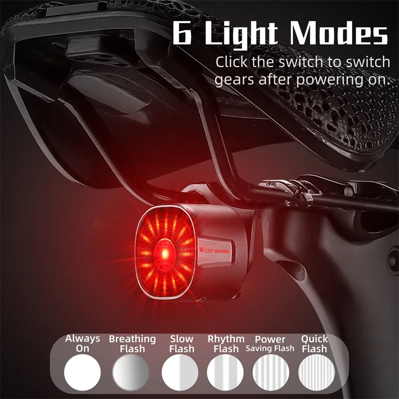 WEST BIKING Bicycle Smart Taillight MTB Road Bike Auto Brake Sensing Type-C Rechargeable IP66 Waterproof LED Safe Rear Light