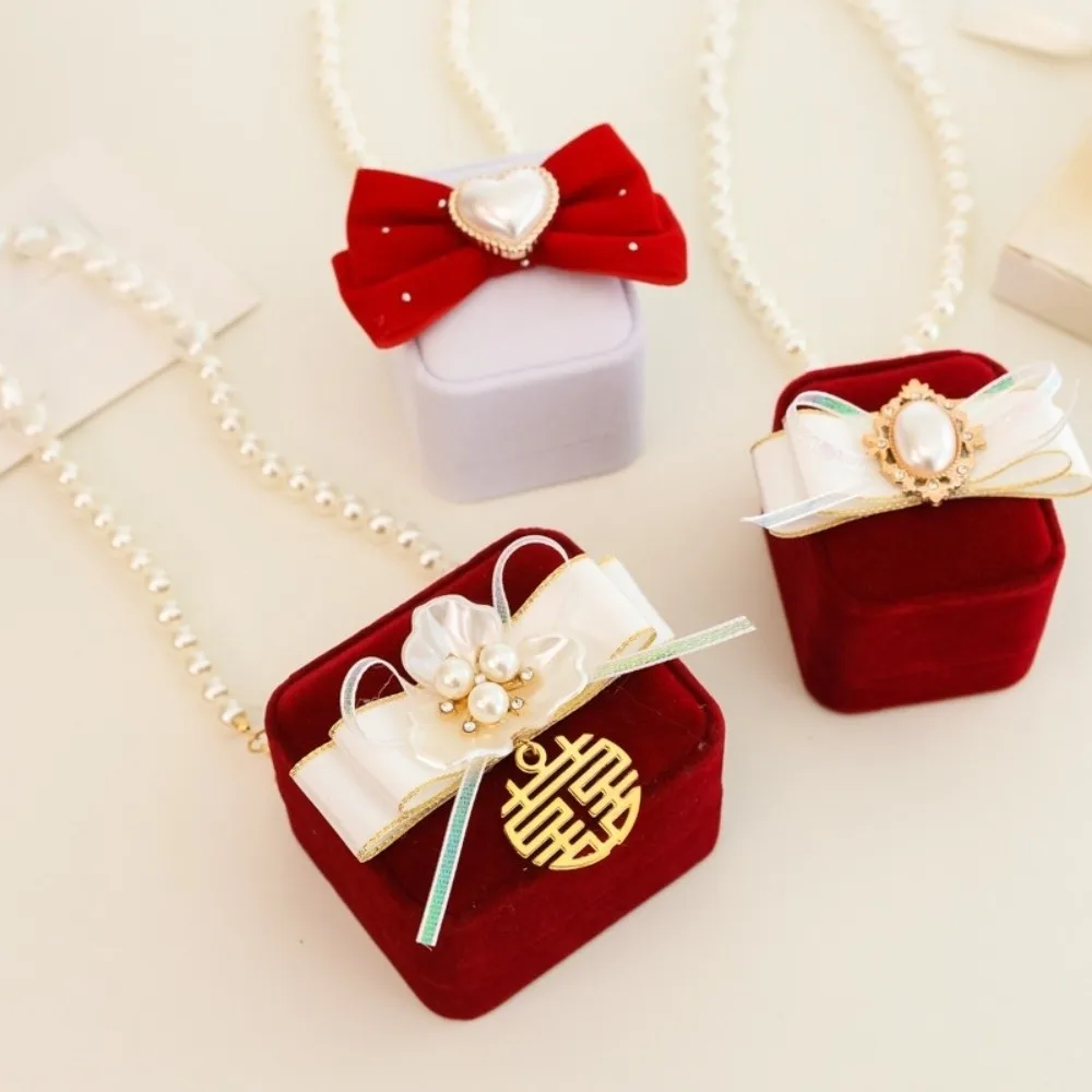 

Multi-function Pearl Wedding Couples Rings Box Bow Heart Pets Collars Ring Box Anti-collision Flocked Jewelry Box Propose