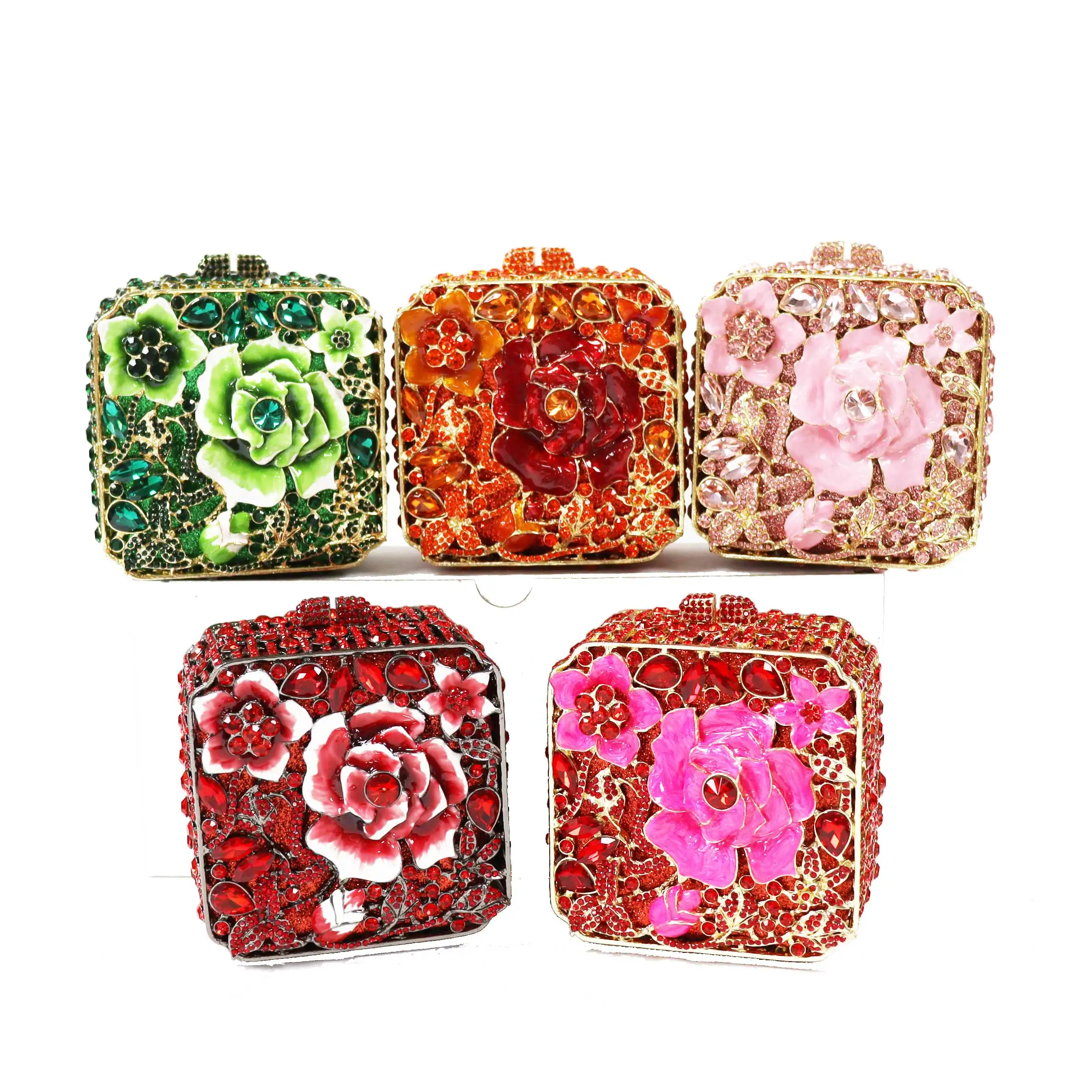 Dazzling Rhinestone Flower Red Pink Oil Women Purse DIY Green Square Chain Evening Bags Bridal Day Clutches sm257