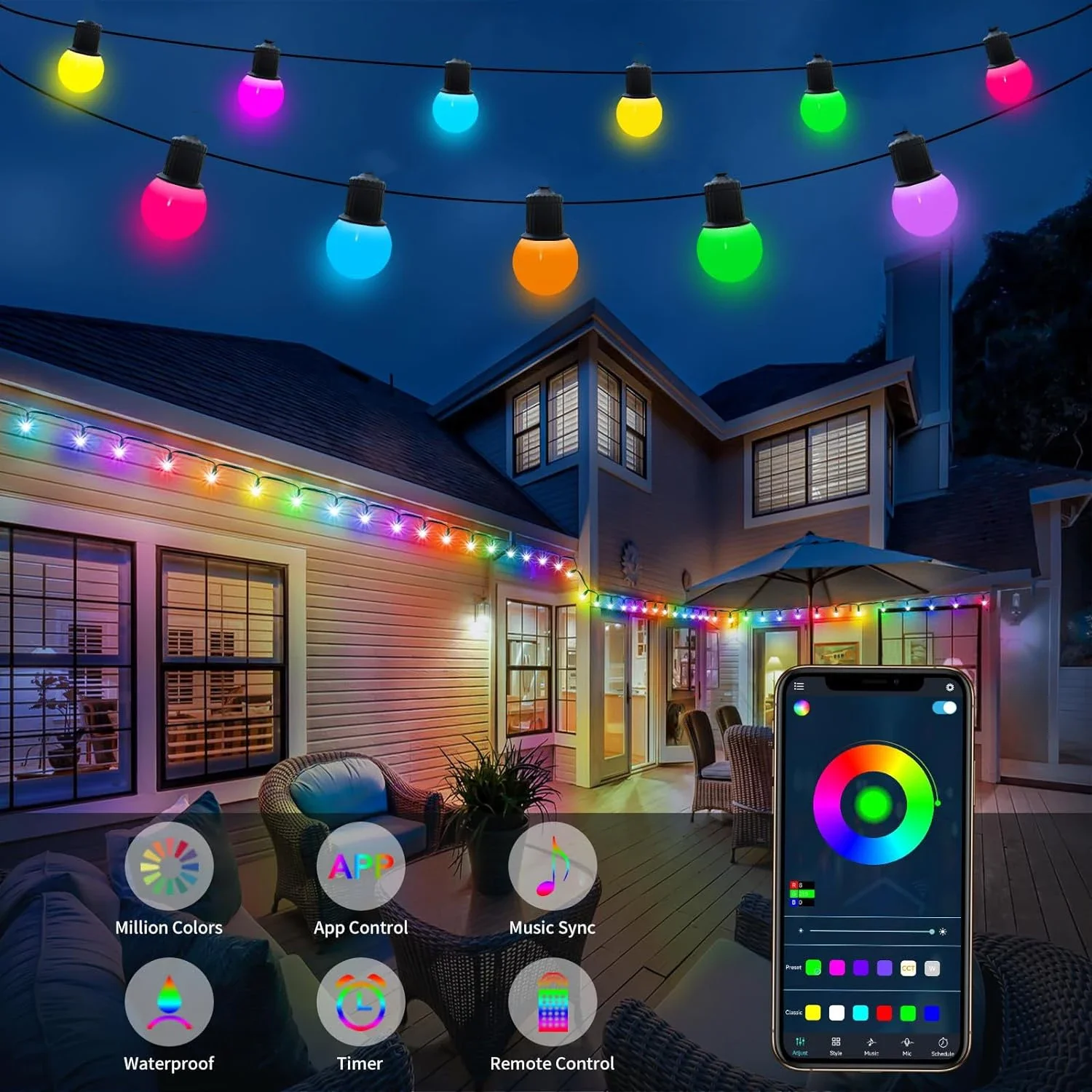 10M G40 LED-Lichterkette, Bluetooth, APP-Fernbedienung, für den Außenbereich, USB-RGB-Farbwechsel-Schnur für Party, Hochzeit, Garten, Hinterhof