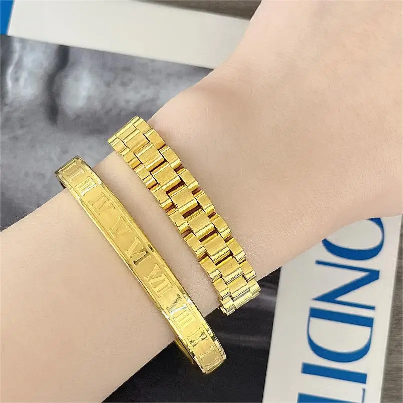 MHS.SUN Gold Plated Wide Opening Bracelets Bangles Zircon Roman Numeral Stainless Steel For Women Men Tree Of Life Jewelry