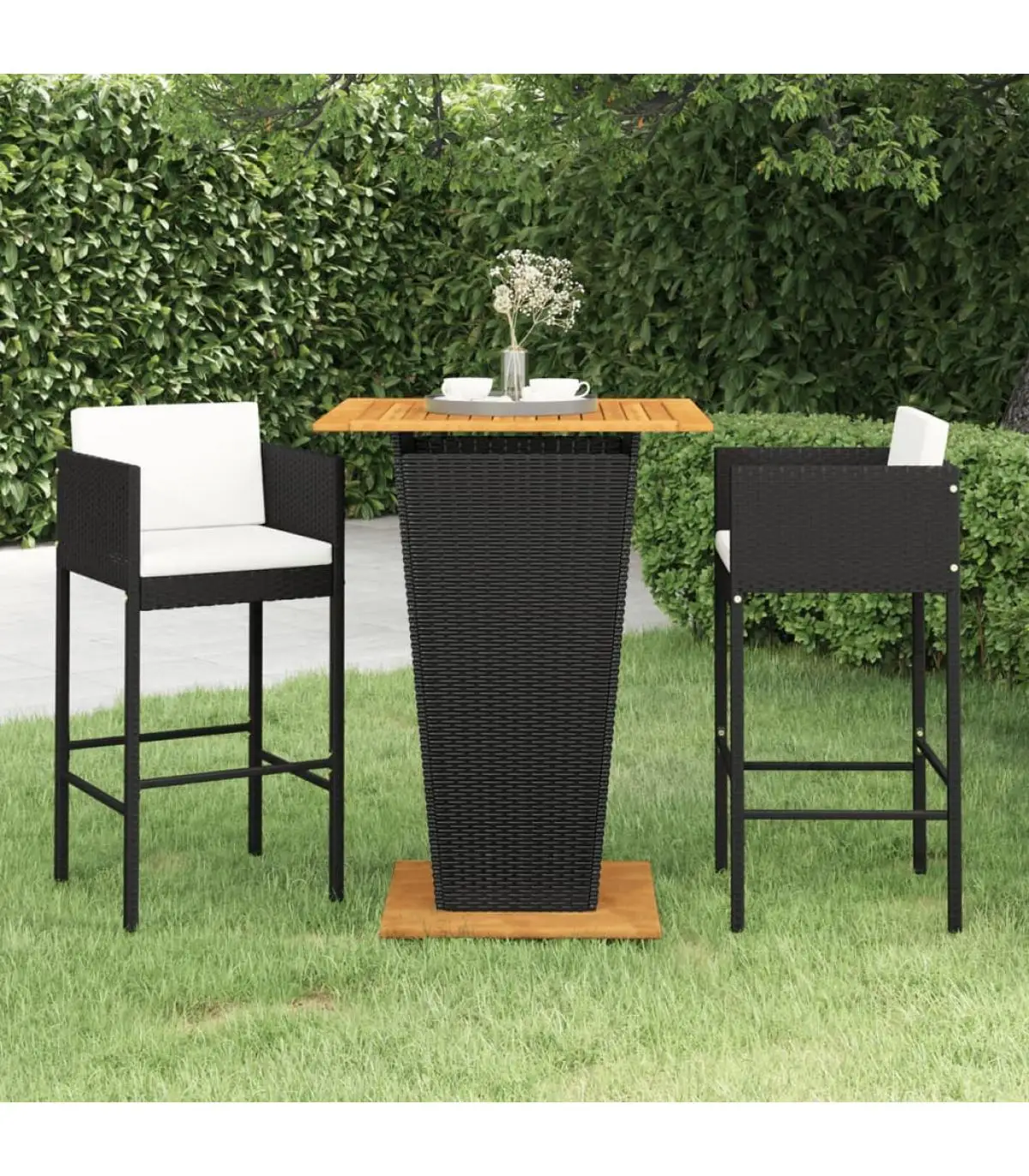 Garden sets Set garden bar furniture 3 pieces and black synthetic rattan cushions