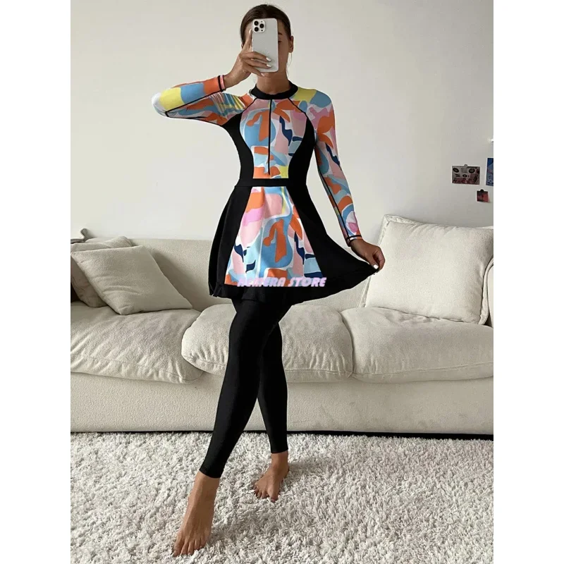 Muslim Swimsuit 2023 Printing Full Surrounding Three Piece Sets Long Sleeve XL Top Long Pants Short Fashion Female Beach Suit