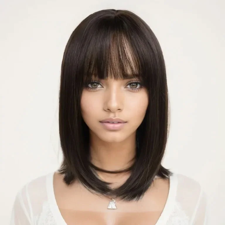 

Synthetic Short Dark Brown Wigs Bob Straight Wig with Bangs for Women Girls Heat Resistant Daily Costume Party Natural Looking