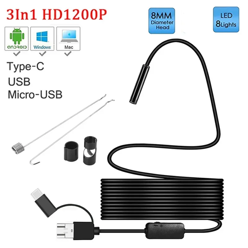 8mm lens Camera Endoscope HD 1200P IP67 2M Hard Flexible Tube Mirco USB Type-C Borescope Video Inspection for Android Endoscope