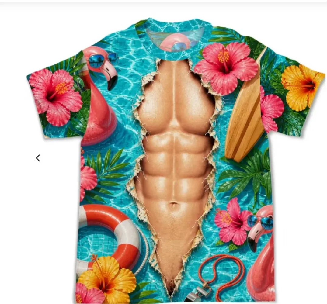 Men Fun Ripped Fabric Faux Bare Chest Muscle 3D Print T-shirt Energetic Hawaiian Tropical Short-sleeved Shirt Beach Vacation Top