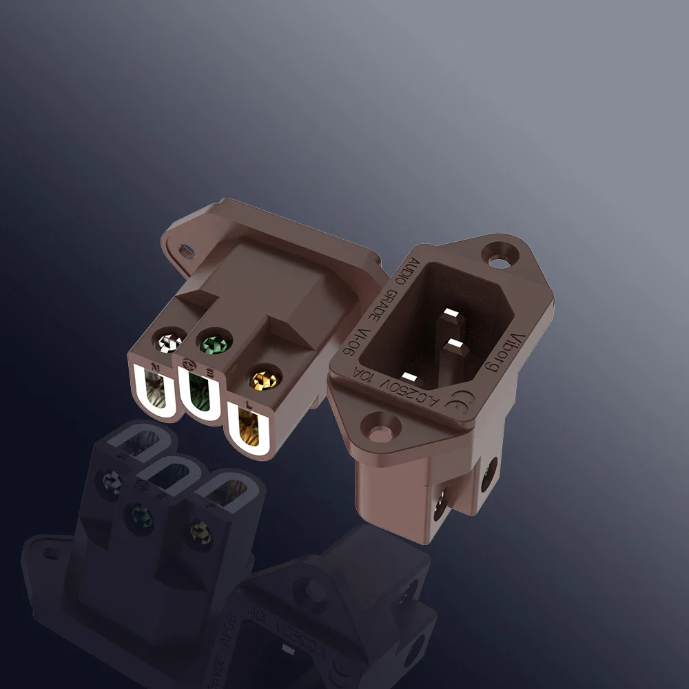 Viborg สีน้ําตาลเสียงเกรด VI06CR ทองแดงบริสุทธิ์โรเดียมชุบ IEC Inlet Plug AC 250V 15A Power Socket