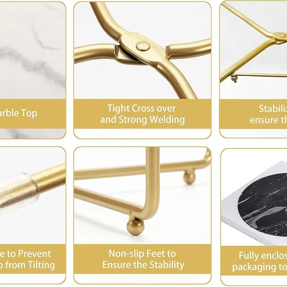 大理石の天板が付いたモダンなゴールドの丸いエンドテーブル。リビングや寝室の狭いスペースに最適です。