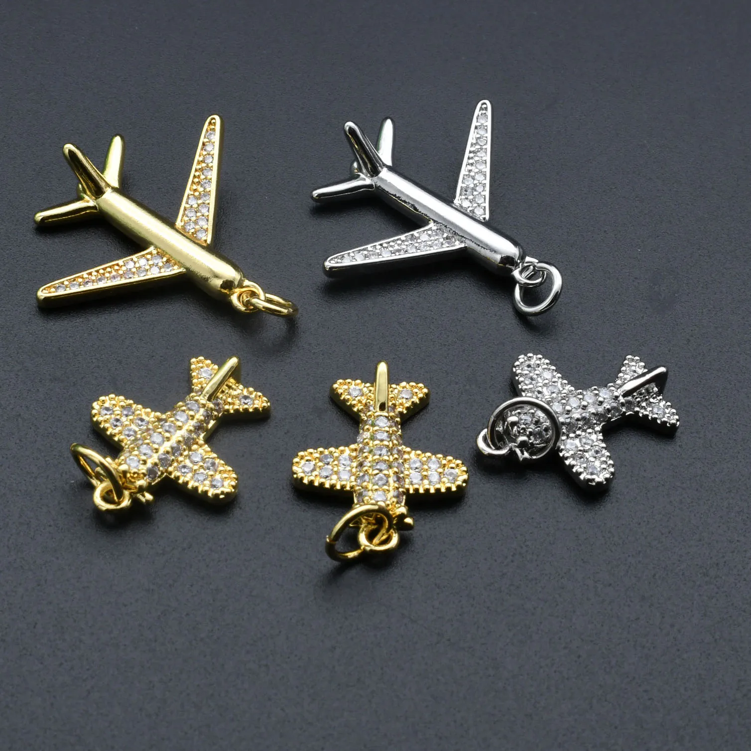 Luxury Jewelry Findings Nickel Free Remian Color Gold Plated CZ Paved Airplane Shape Pendant Charms for DIY Women Necklace