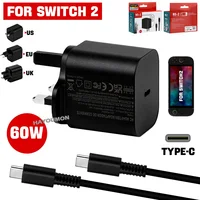 Adaptador de Corriente CA con Enchufe EU/US/UK, Cargador Rápido para Consola de Juegos NS Switch 2, 60W, Carga Rápida Tipo C, Cable de Alimentación USB, Cargador de Pared