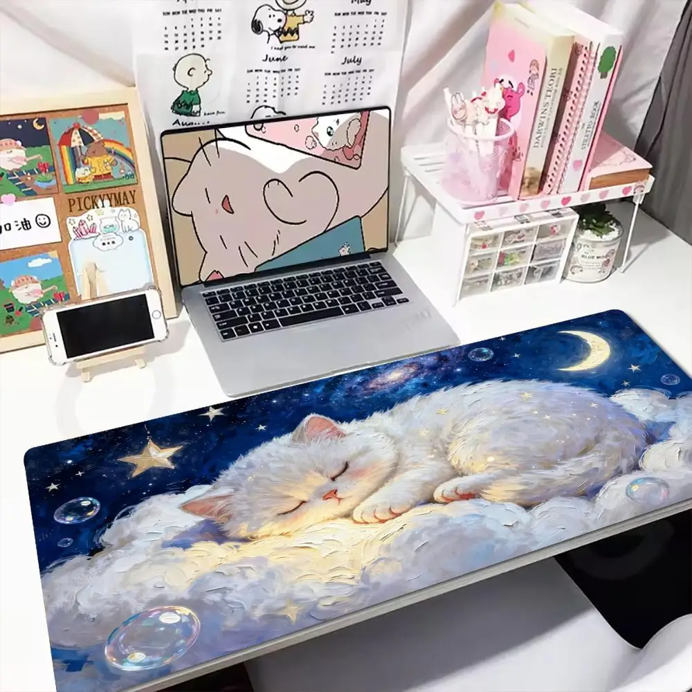 Warm Light Sleeping White Cat XXL Large Mouse Pad Window Cloud Aesthetic Art Desk Mat Non-Slip Rubber Keyboard Mouse Mats