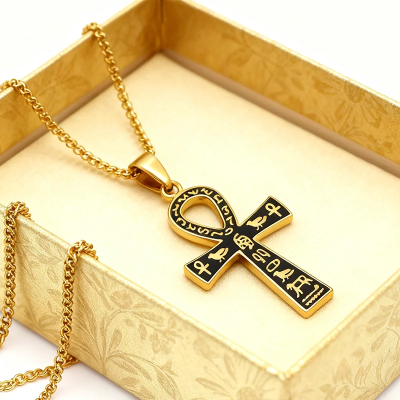 المصرية عنخ الصليب قلادة قلادة الفولاذ المقاوم للصدأ سلسلة مصر القديمة الهيروغليفية الهيب هوب مجوهرات للرجال النساء هدية #3