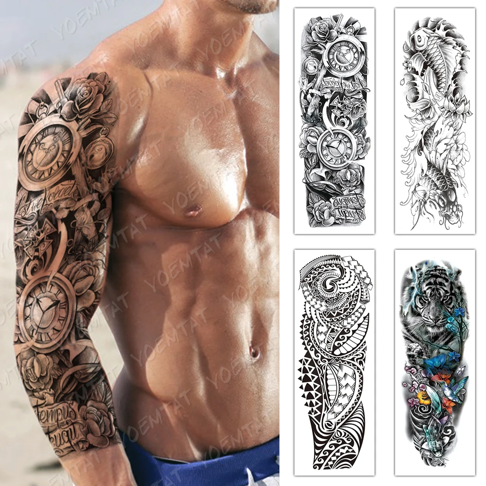 Large Full Arm Sleeve Waterproof Temporary Tattoo Sticker Clock Rose Flower Gothic Text Carp Totem Fake Tatoo Body Art Men Women