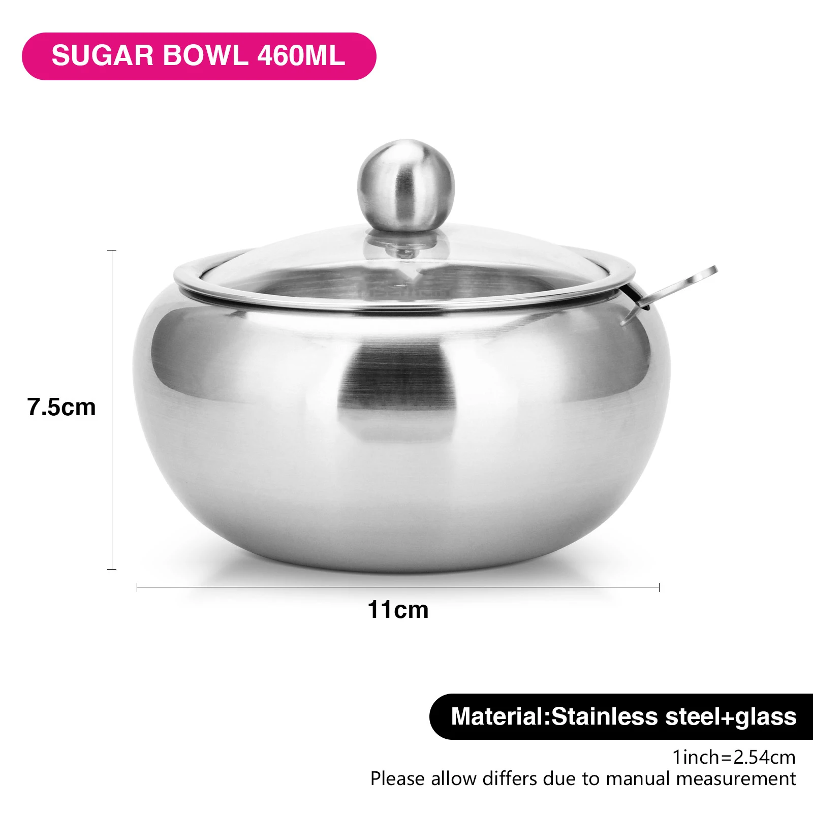 Stainless Steel Sugar Bowl 460ml With Glass Lid And Spoon Seasoning Tank Household Thicker Tank Coffee Jam Salt Spoon Bowl Box view 3