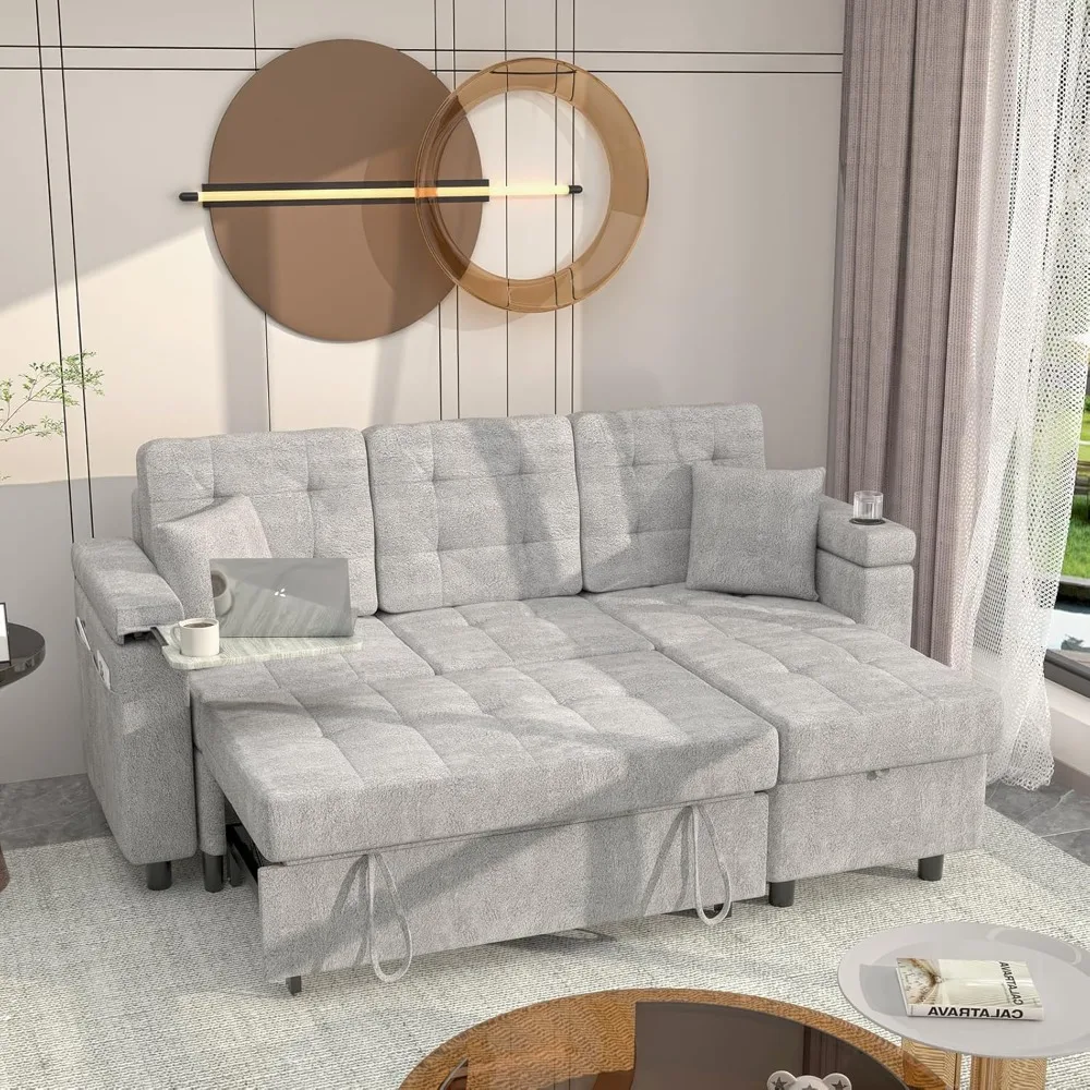

84 Inch Convertible Sectional Sofa Couches L-Shape Couch, 3-Seat Pull Out Sofa Memory Foam Sectional Couches for Living Room