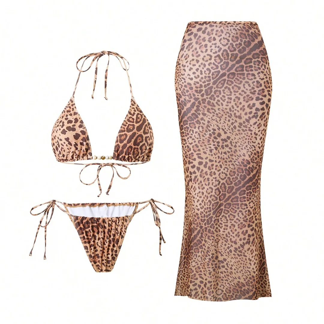 XS - L Leopardenmuster mit Rock, Neckholder-Bikini, Damen-Badeanzug, dreiteiliges Bikini-Set, Badebekleidung, Badeanzug, Schwimmanzug V6630 – Detail 14
