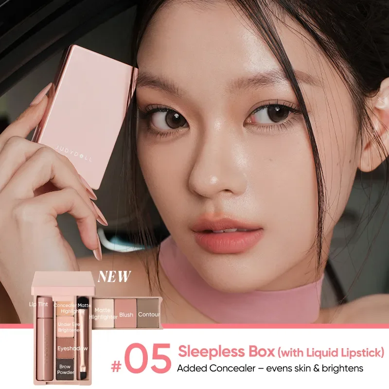 Paleta Mini Makijażu Judydoll: Szminka, Korektor, Rozświetlacz, Róż, Tusz do Rzęs, Cienie do Powiek, Puder do Brwi, Pędzel, Konturowanie Twarzy