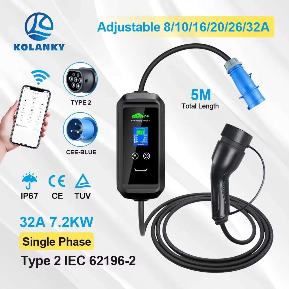 Moible EV Charger 32A 7.2kw Type 2 Adjust by APP Bluetooth Wifi Charging For Eletric Vehicle Hybrid Cars Cable 5M