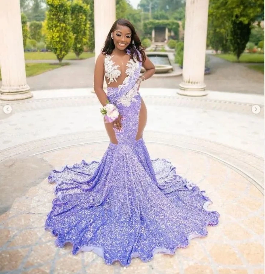 

Lorencia Lilac Sequins Mermaid Aso Ebi Prom Dress For Black Girl Lace Applique Beaded Formal Party Gown Vestidos De Fiesta YPD13