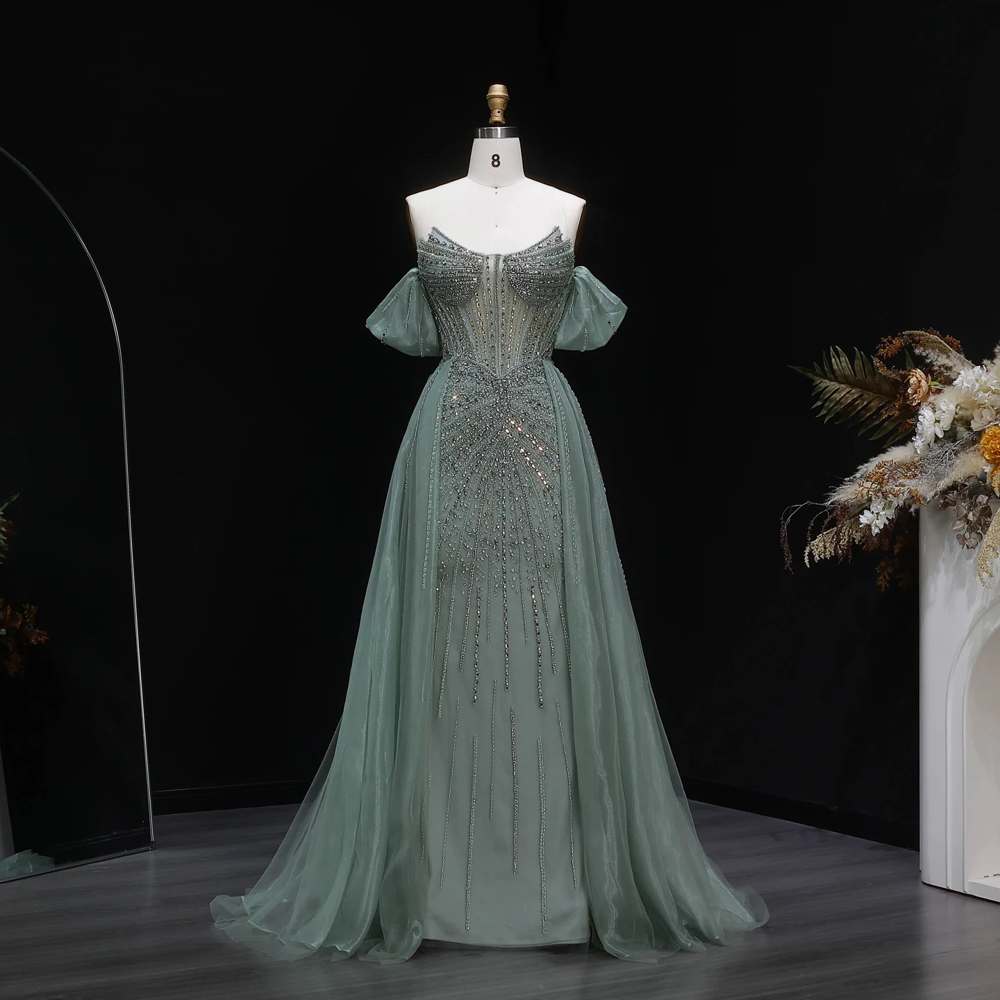 Sharon Said Elegantes Schulterfreies Abendkleid mit Überrock, Luxuriöses Perlenbesetztes Meerjungfrauenkleid für Arabische Damen, Formelle Partykleider SS120 Maßanfertigung – Detail 19