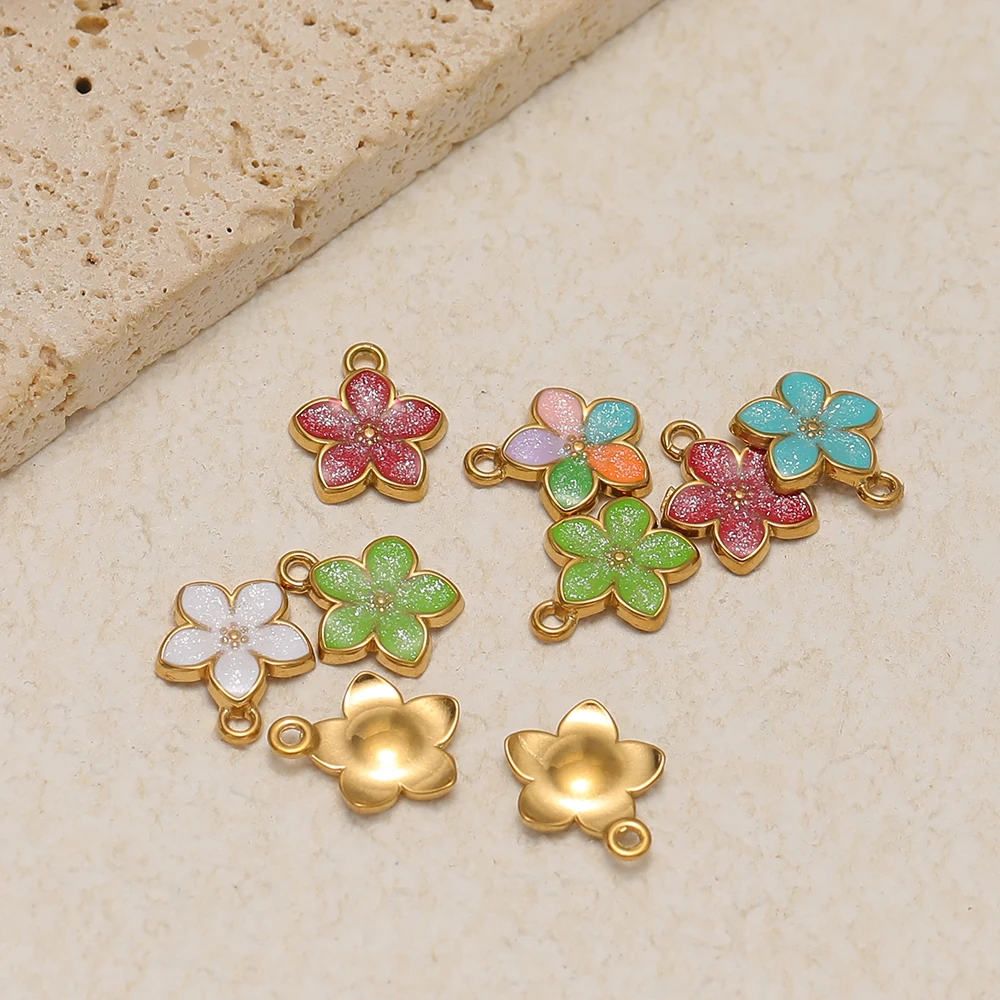 5 Stück Edelstahl-Blumenanhänger mit Emaille, niedliche Charms für DIY-Mädchen-Schmuck, Kinder-Armband- und Ohrringherstellung – Detail 6