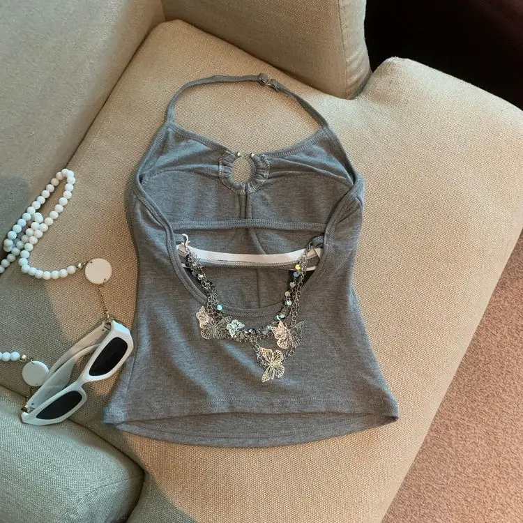Sexy Sling Vest 2026 Women's Clothing Backless Chain Tunic Tees Crop Tops Ropa Mujer Bandage Fashion Black Tees Summer Y2k Tanks