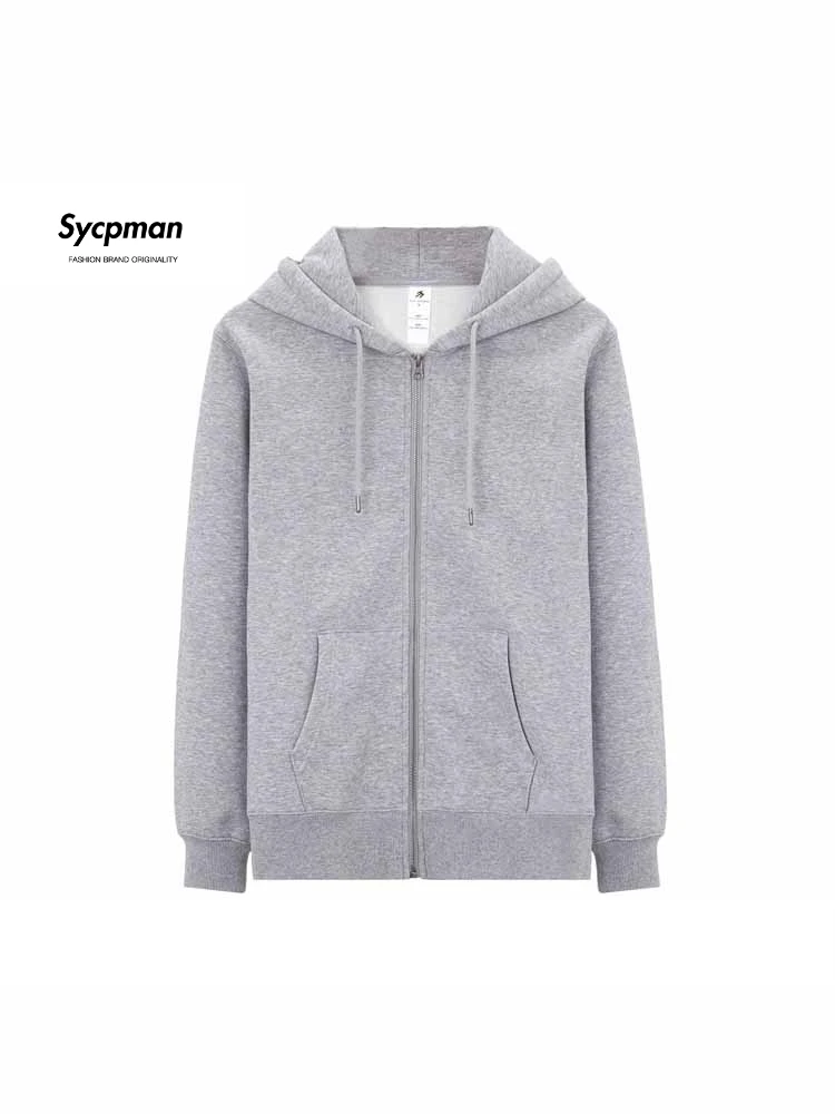 Sycpman Solid Plush Knitted Zippered Hoodie for Men Autumn and Winter Loose Casual Hoodies Streetwear